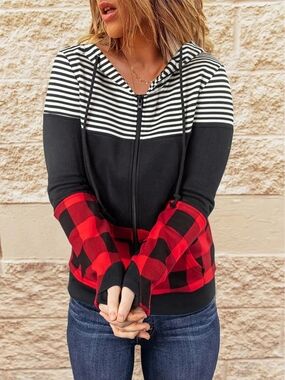 Michelle Mae Striped Hooded Zip-Up Jacket with Red Buffalo Plaid